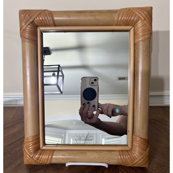 VTG MCM Rattan Bamboo Mirror Vintage Rectangular 12.5x10in Boho Beach Coastal - Picture 1 of 9